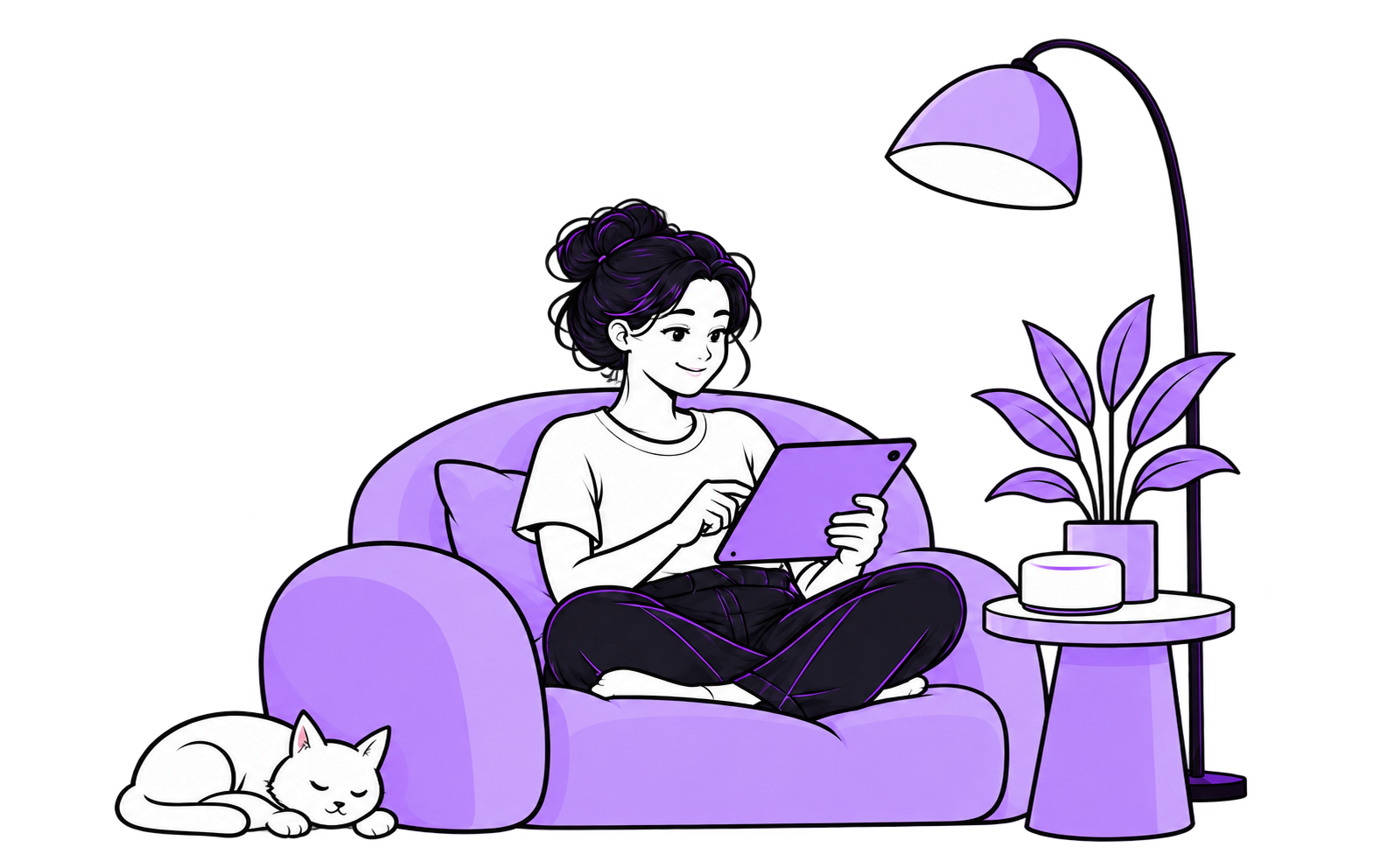 A woman relaxing with a tablet in a lilac armchair, with a sleeping cat beside her.