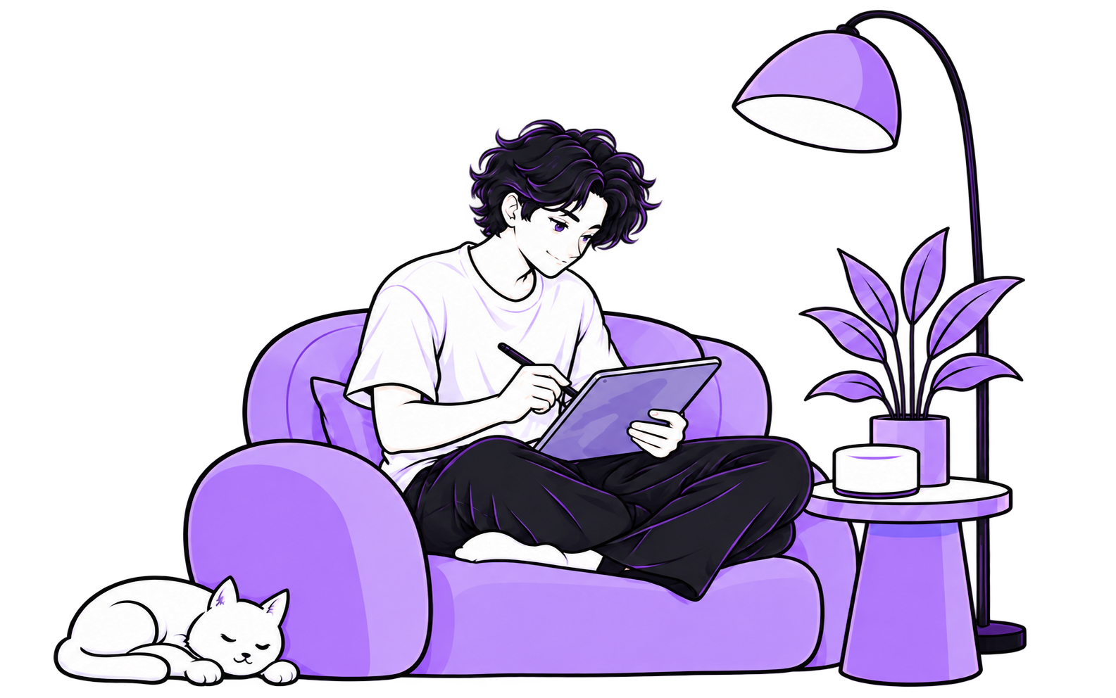 A young creator drawing on a tablet in a lilac armchair, with a sleeping cat beside him.